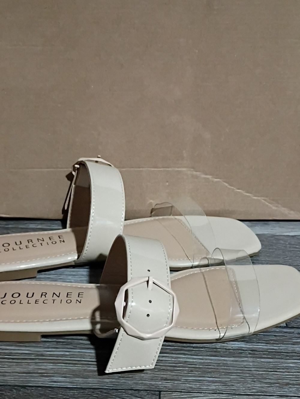 Journee Collection Beige Slide Sandals with Clear Straps